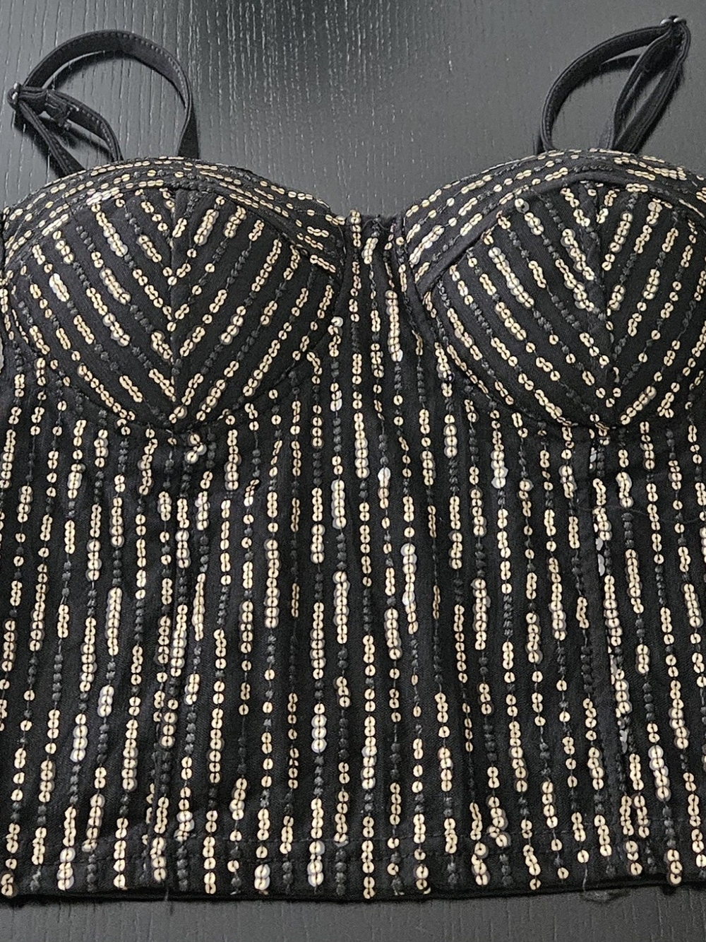 Black Sequin Bustier Bandeau with Gold Accents